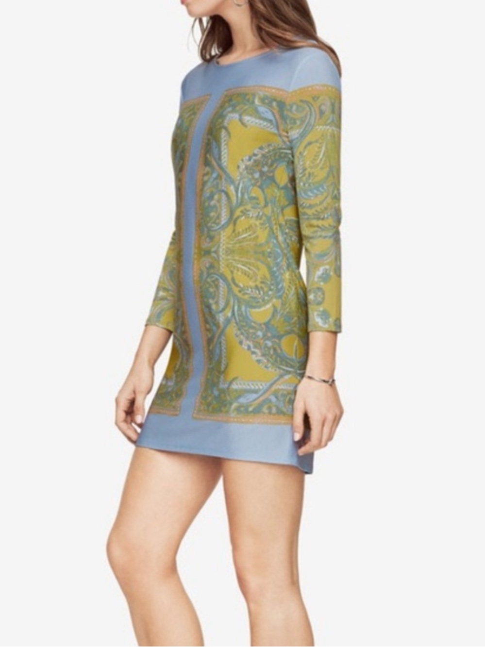BCBGMaxAzria Light Blue and Yellow Paisley Print Shift Mini Dress